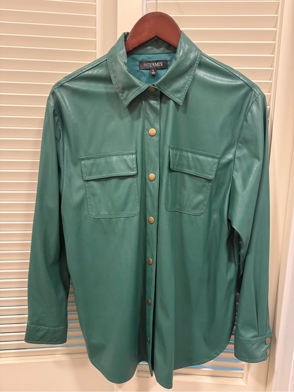 INTERMIX Teal Button-Front Faux Leather Shirt with Gold Snaps